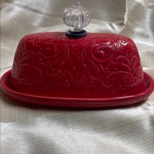 Elegant Red Butter Dish with Glass Knob Dolly Pardon